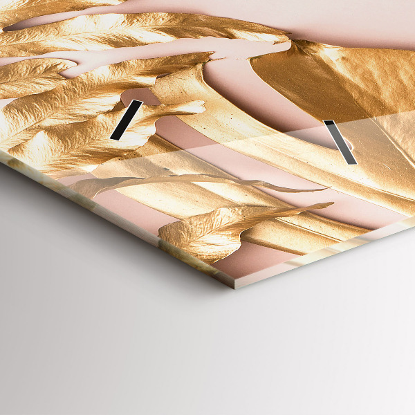 Ceas orizontale de perete din sticlă Frunze tropicale aurii