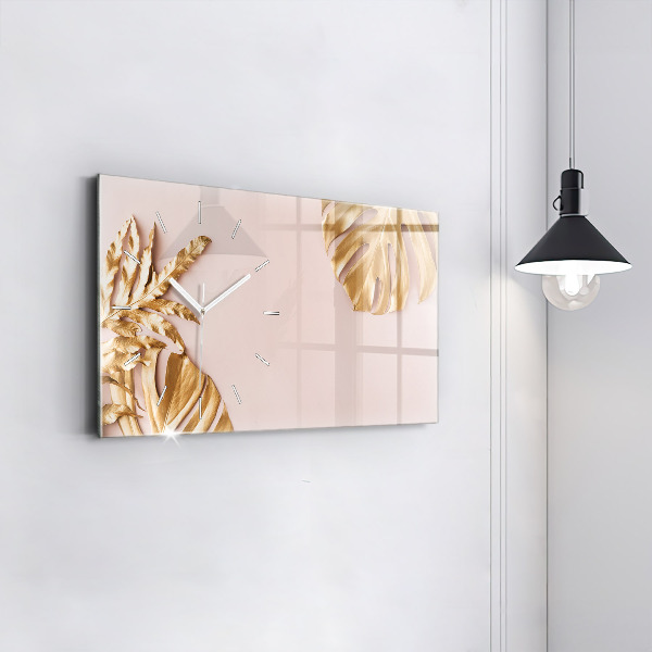 Ceas orizontale de perete din sticlă Frunze tropicale aurii