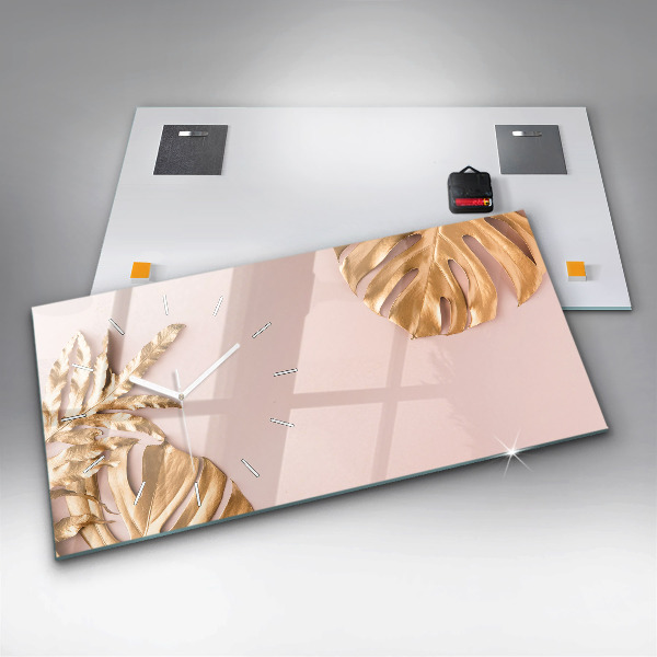 Ceas orizontale de perete din sticlă Frunze tropicale aurii