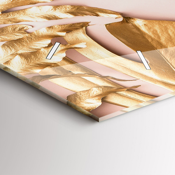 Ceas orizontale de perete din sticlă Frunze tropicale aurii