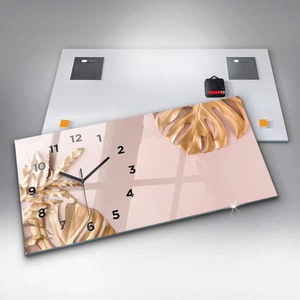 Ceas orizontale de perete din sticlă Frunze tropicale aurii