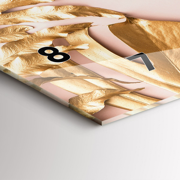 Ceas orizontale de perete din sticlă Frunze tropicale aurii