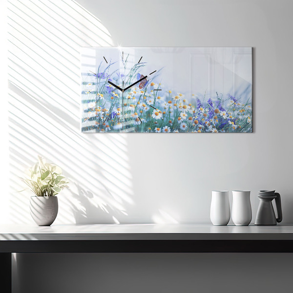 Ceas orizontale de perete din sticlă Fluture pe pajiște