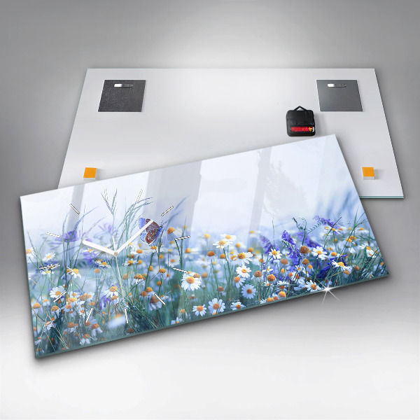 Ceas orizontale de perete din sticlă Fluture pe pajiște