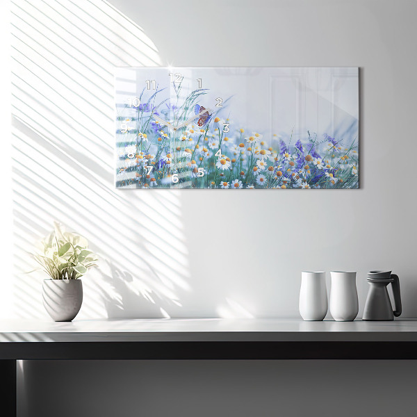 Ceas orizontale de perete din sticlă Fluture pe pajiște