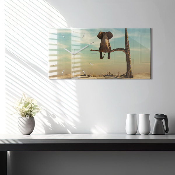 Ceas orizontale de perete din sticlă Elefant într-un copac