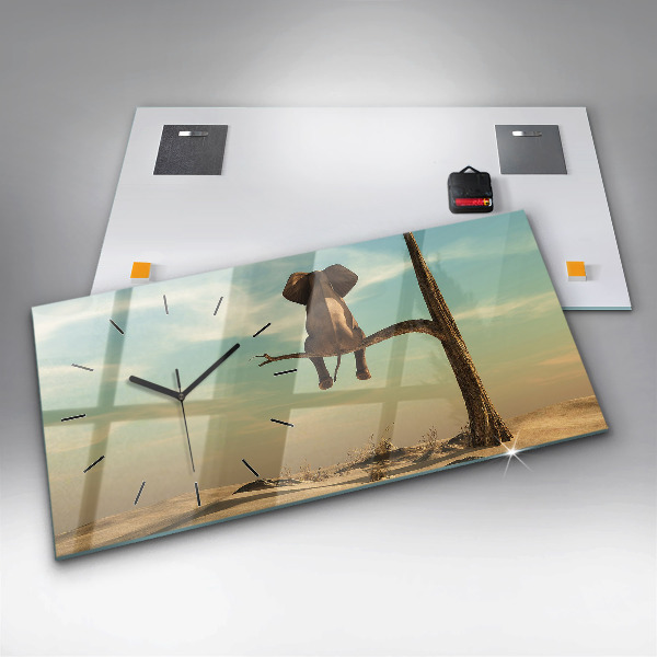 Ceas orizontale de perete din sticlă Elefant într-un copac