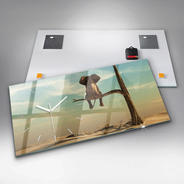 Ceas orizontale de perete din sticlă Elefant într-un copac