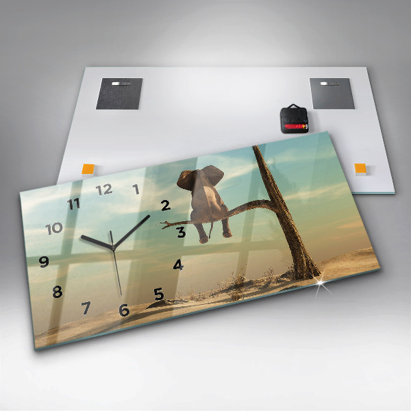 Ceas orizontale de perete din sticlă Elefant într-un copac