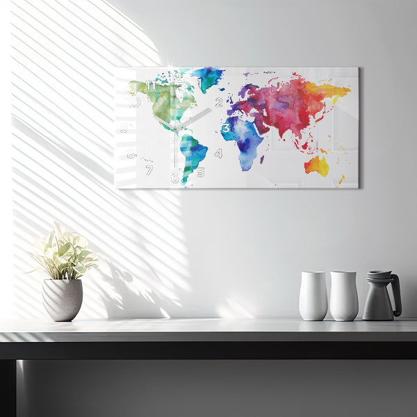Ceas orizontale de perete din sticlă Harta lumii acuarela