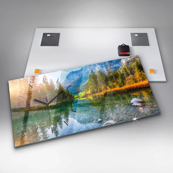 Ceas orizontale de perete din sticlă Peisaj montan râu