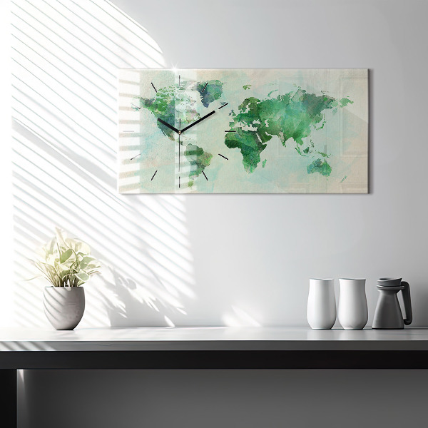 Ceas orizontale de perete din sticlă Harta lumii acuarela