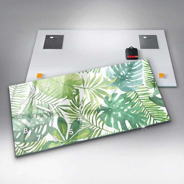 Ceas orizontale de perete din sticlă Frunze verzi