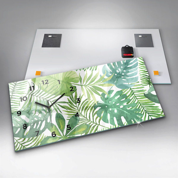 Ceas orizontale de perete din sticlă Frunze verzi