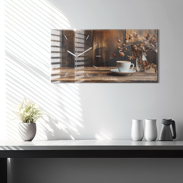 Ceas orizontale de perete din sticlă O cană de cafea