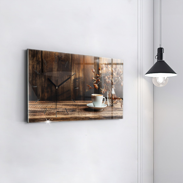 Ceas orizontale de perete din sticlă O cană de cafea