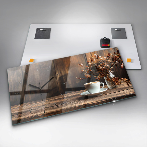 Ceas orizontale de perete din sticlă O cană de cafea