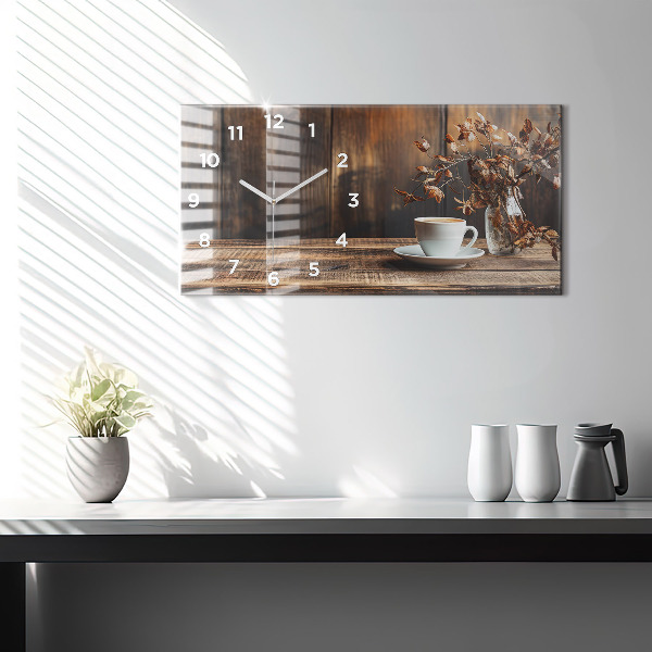Ceas orizontale de perete din sticlă O cană de cafea