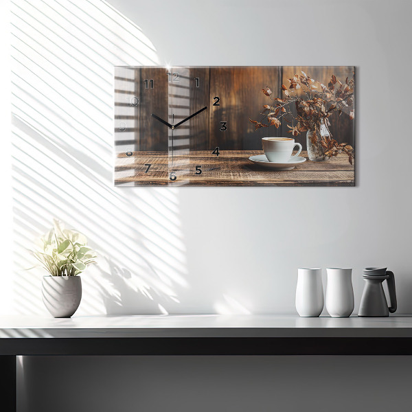 Ceas orizontale de perete din sticlă O cană de cafea