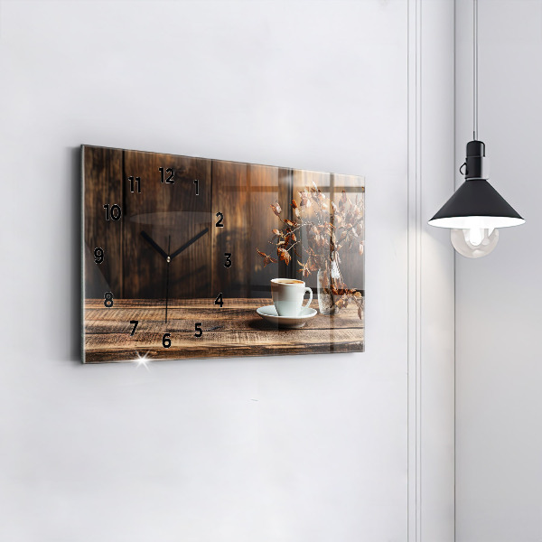 Ceas orizontale de perete din sticlă O cană de cafea