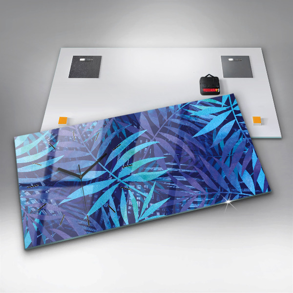 Ceas orizontale de perete din sticlă Frunze albastre