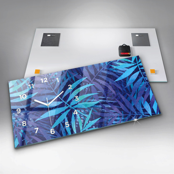 Ceas orizontale de perete din sticlă Frunze albastre
