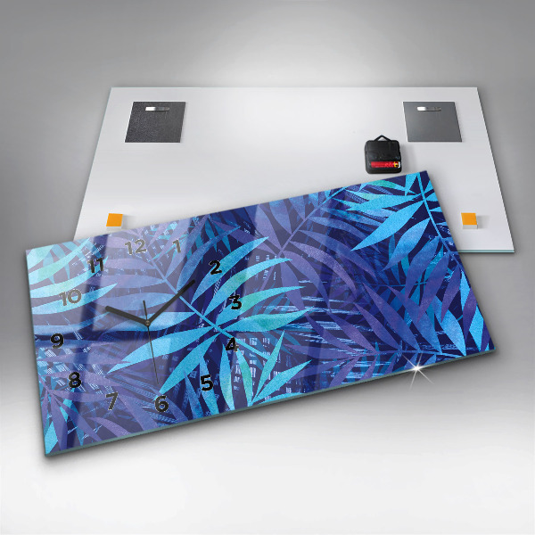 Ceas orizontale de perete din sticlă Frunze albastre