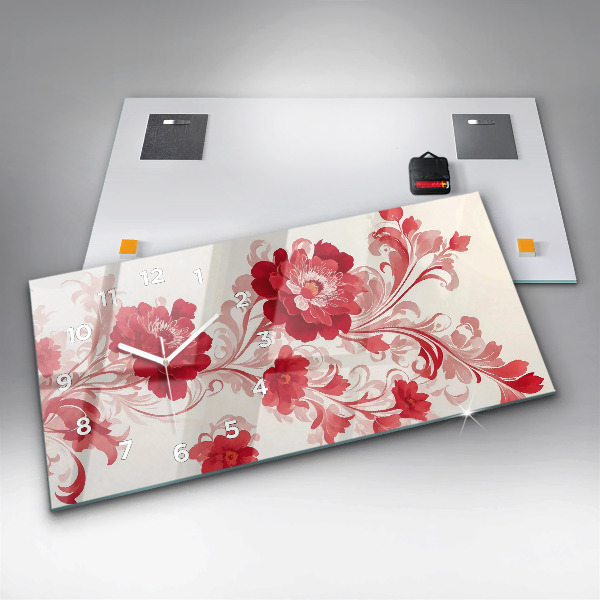 Ceas orizontale de perete din sticlă Flori roșii