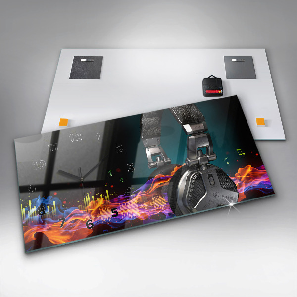 Ceas orizontale de perete din sticlă Căști și unde sonore