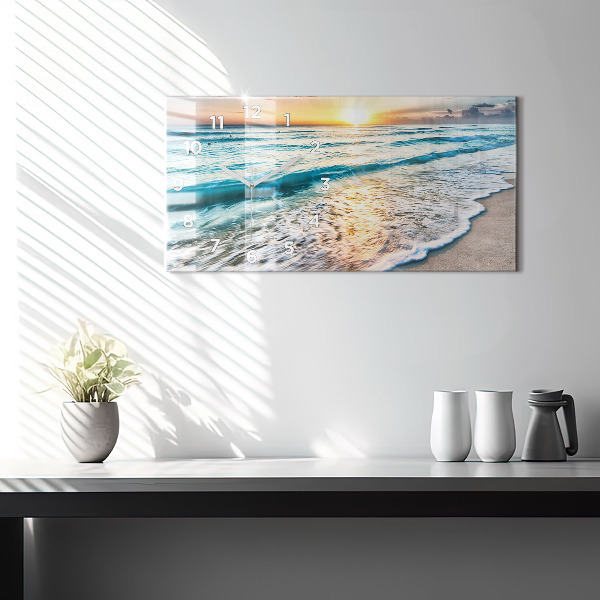 Ceas orizontale de perete din sticlă Plaja, mare si nisip