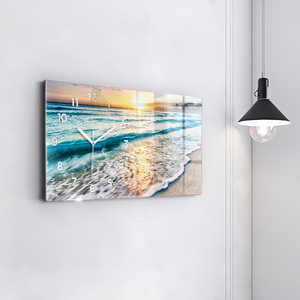 Ceas orizontale de perete din sticlă Plaja, mare si nisip
