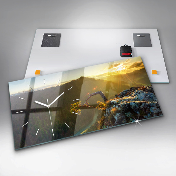 Ceas orizontale de perete din sticlă Apus peste munți