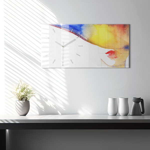 Ceas orizontale de perete din sticlă Femeie cu pălărie