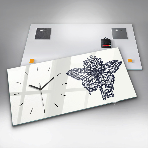 Ceas orizontale de perete din sticlă Stil boho fluture și cheie
