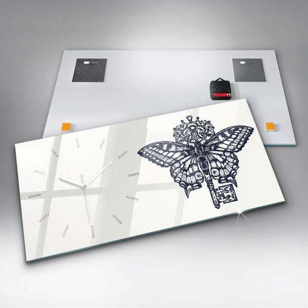 Ceas orizontale de perete din sticlă Stil boho fluture și cheie