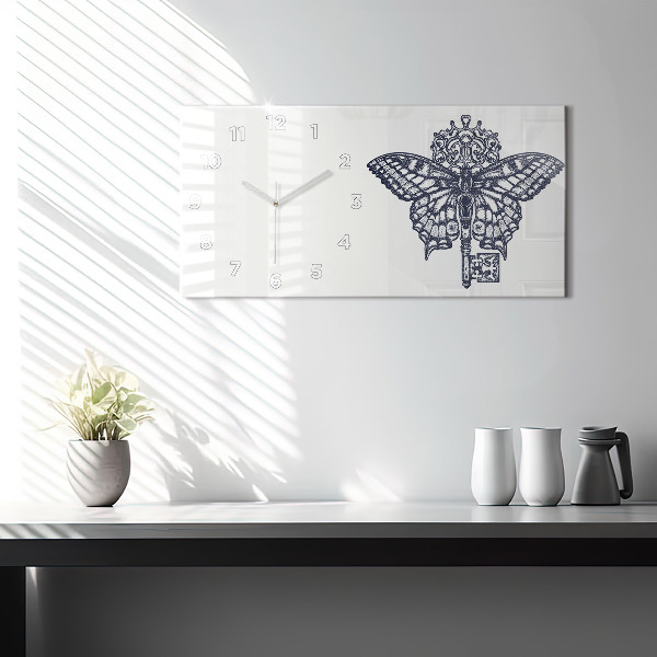 Ceas orizontale de perete din sticlă Stil boho fluture și cheie