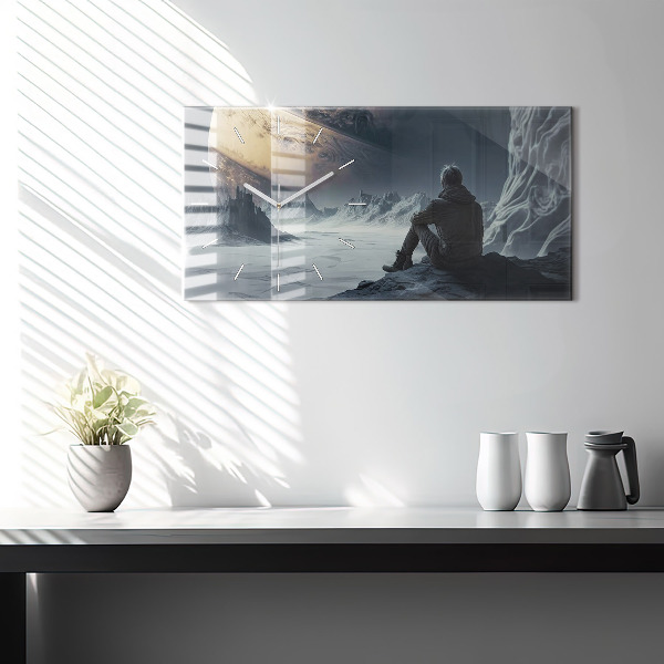 Ceas orizontale de perete din sticlă Omul Planetă Spațială