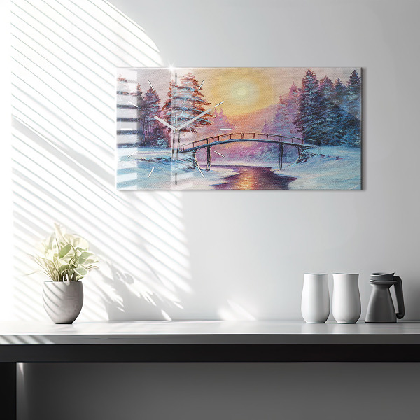 Ceas orizontale de perete din sticlă Pom de Crăciun și pod