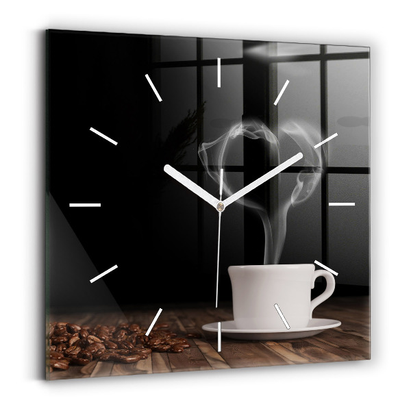 Ceas pătrat de perete din sticlă O ceașcă de cafea fierbinte