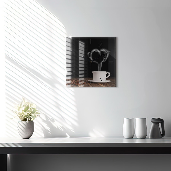 Ceas pătrat de perete din sticlă O ceașcă de cafea fierbinte