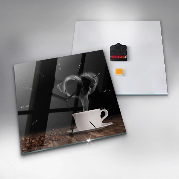 Ceas pătrat de perete din sticlă O ceașcă de cafea fierbinte