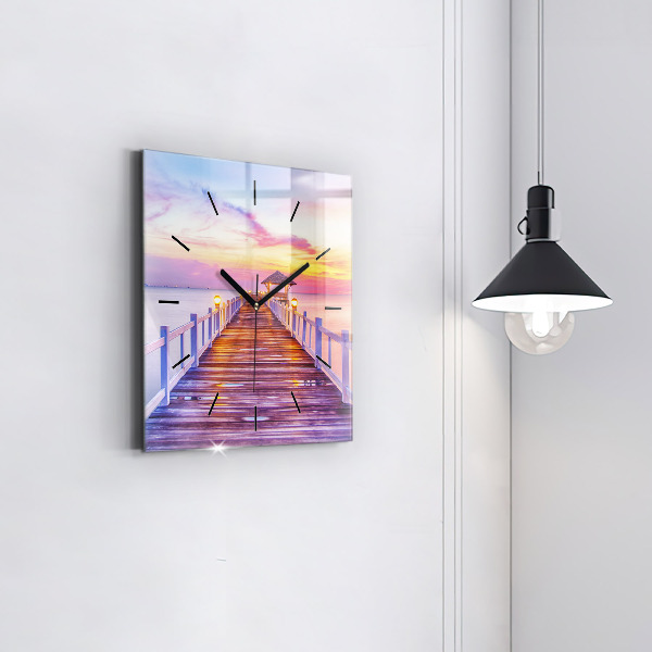 Ceas pătrat de perete din sticlă Pod în port seara