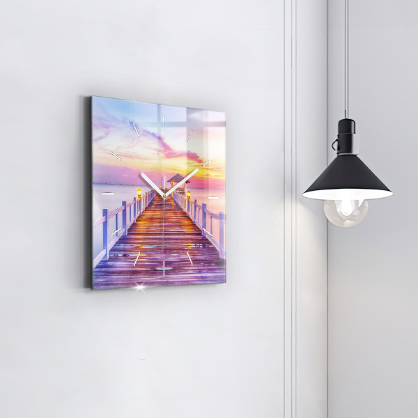 Ceas pătrat de perete din sticlă Pod în port seara