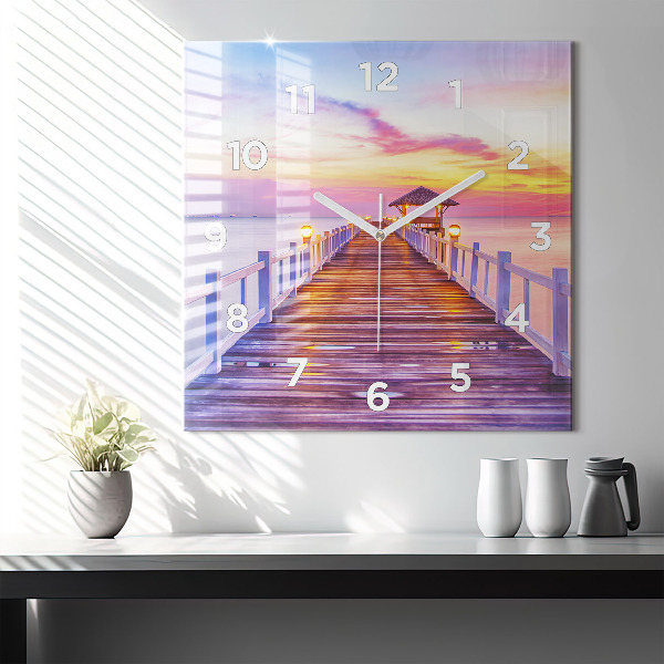 Ceas pătrat de perete din sticlă Pod în port seara