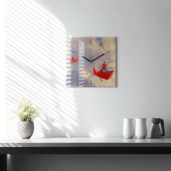 Ceas pătrat de perete din sticlă Nave de hârtie