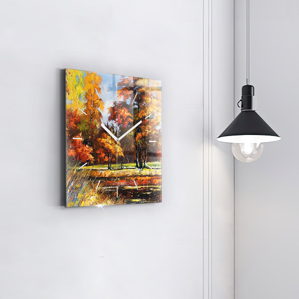 Ceas pătrat de perete din sticlă Peisaj de toamnă cu un râu
