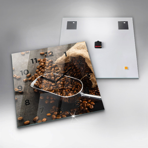 Ceas pătrat de perete din sticlă O pungă cu boabe de cafea