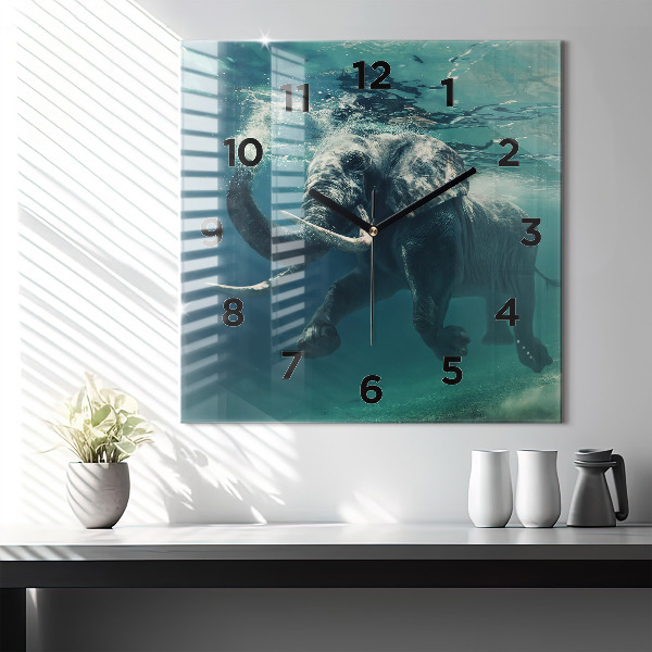 Ceas pătrat de perete din sticlă Elefantul înotând în ocean
