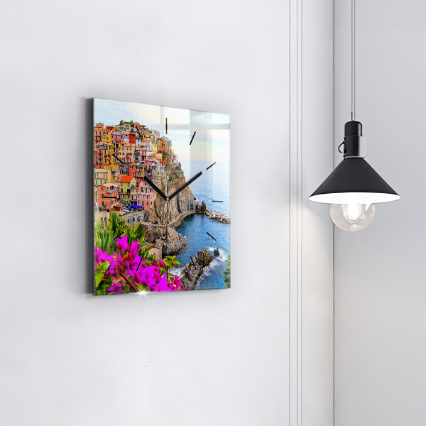 Ceas pătrat de perete din sticlă Coasta Cinque Terre