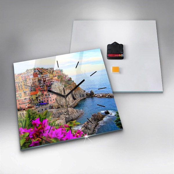 Ceas pătrat de perete din sticlă Coasta Cinque Terre